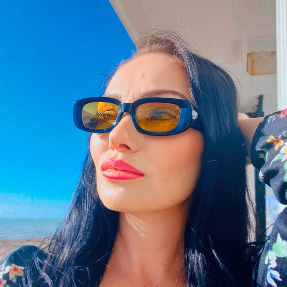 Sleek Rectangular Black Sunglasses Yellow Lenses:… - image 5