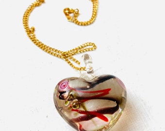 Vintage Murano Italian Handmade Heart Pendant Necklace, Vintage Glass Pendant Necklace, Gift For Her, Mom Gift, woman Jewelry