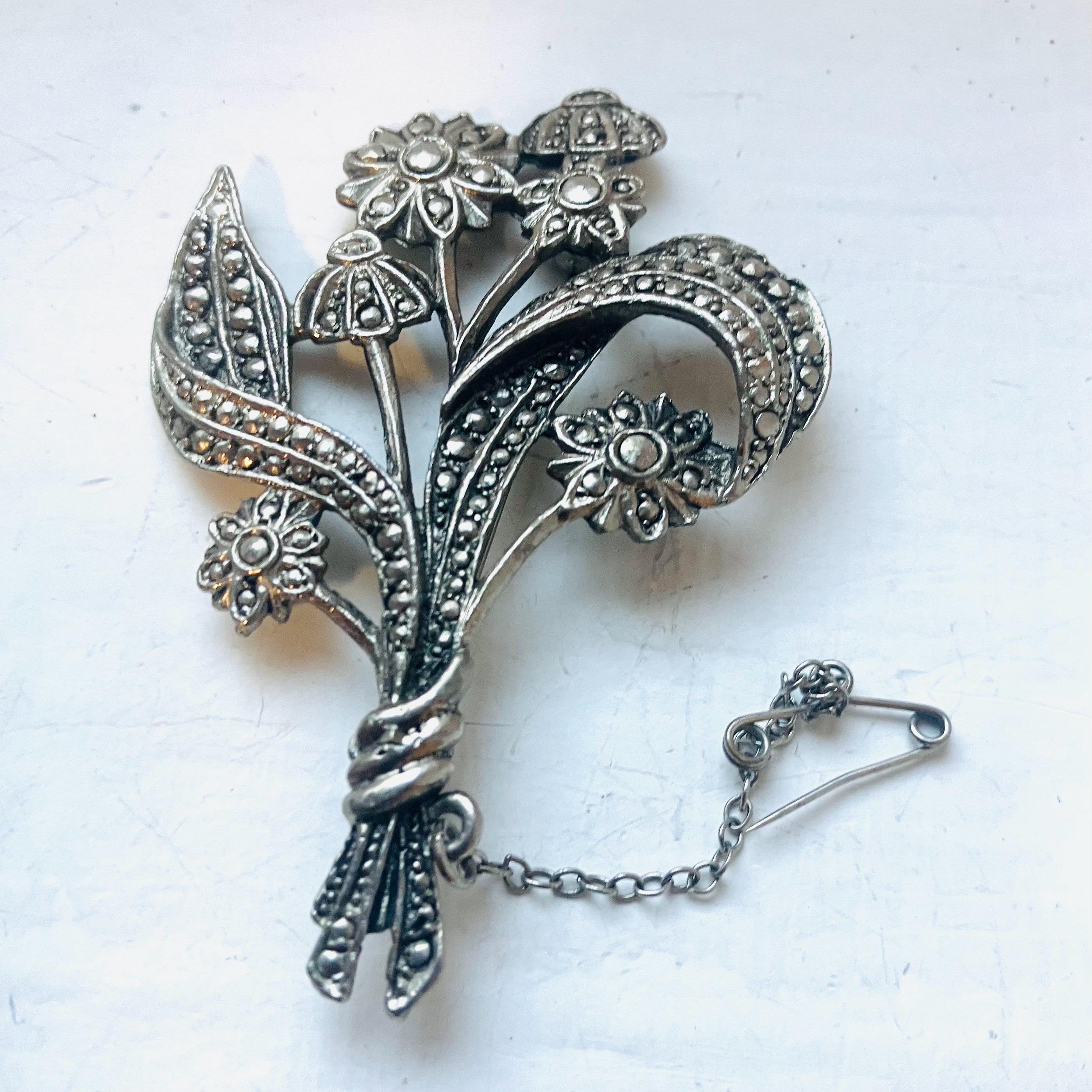 Broche Vintage Art Déco Années 1920 En Argent Sterling Et Marcassites - Très Bon état