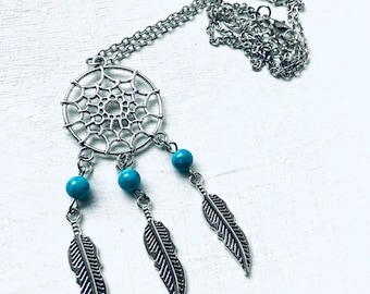 Vintage Dream Catcher Boho Silver Plated With Turquoise Beaded Pendant Necklace, Vintage Jewellery, Woman Necklace, Gift For Her