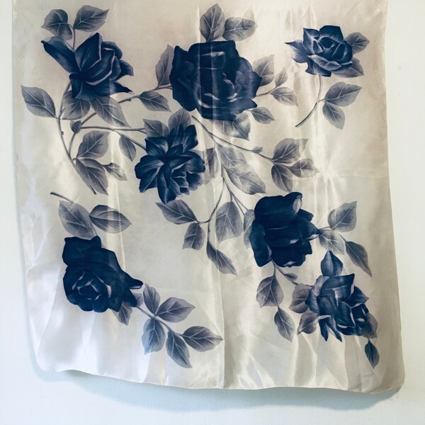 1950s 50s Satin Scarf, Mid Century 1950s Scarf, Floral Scarf, Rose Print Scarf, Satin Scarves, Womans Scarf, Gift For Her