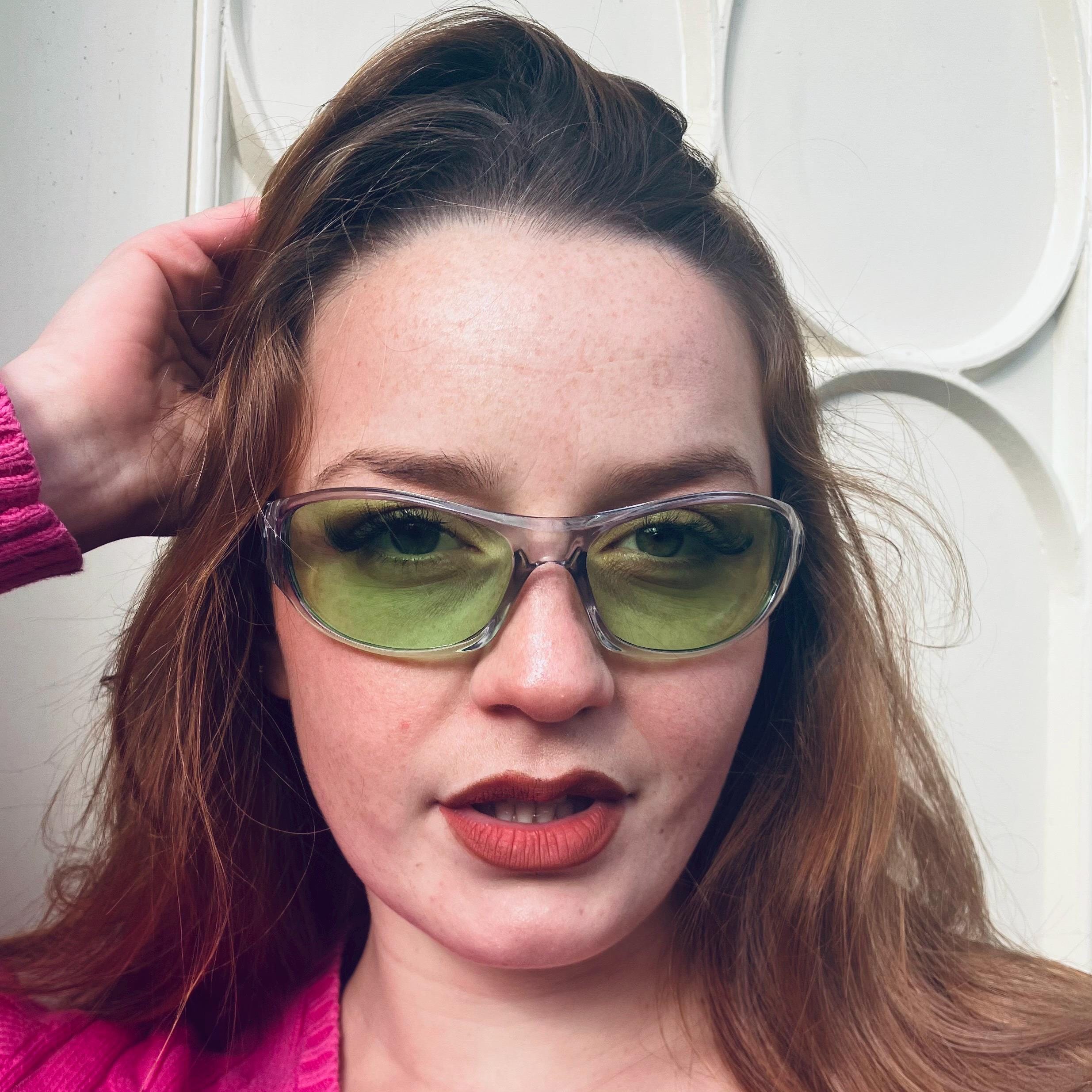 Y2K Oversized Retro Sunglasses Lime Green Brown Gradient Womens 2000s Statement Retro Wrap Around Trendy Rectangle Men Women Olive Green Y2K  main image 4
