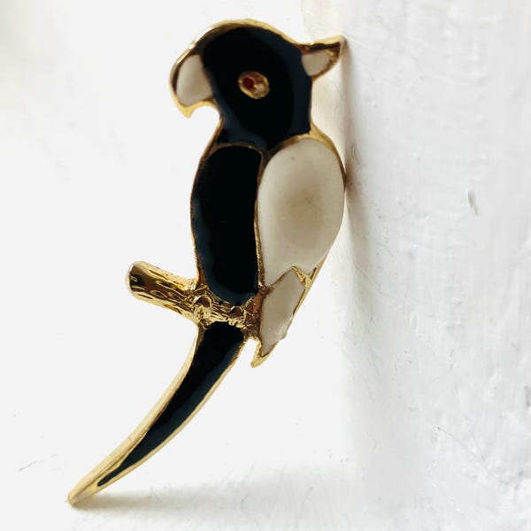 Broche vintage de papagaio, broche de pássaro em esmalte cloisonné preto e branco, alfinete retrô