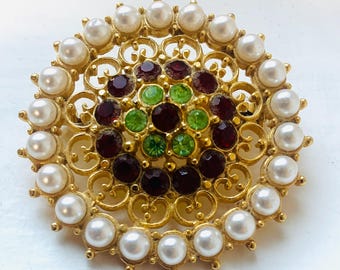 Renaissance Style Ruby Emerald Pearl Brooch: Gold Plated Vintage Pin