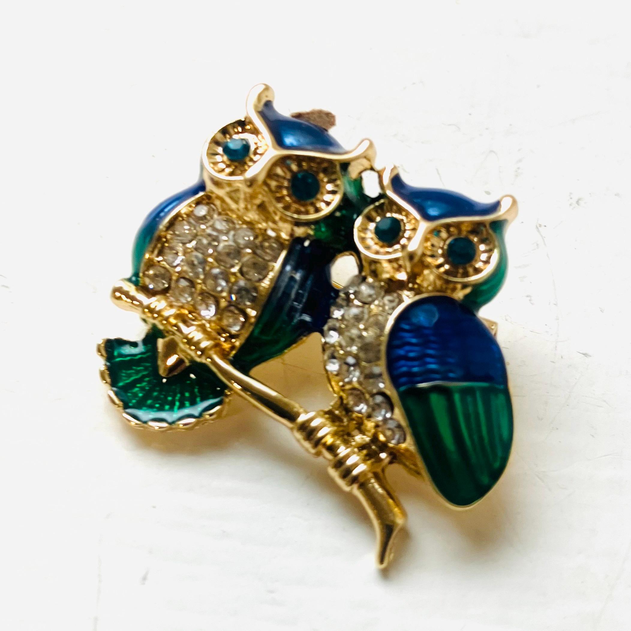 Vintage 90s Owl Brooch: Green & Blue Woodland Bird Pin
