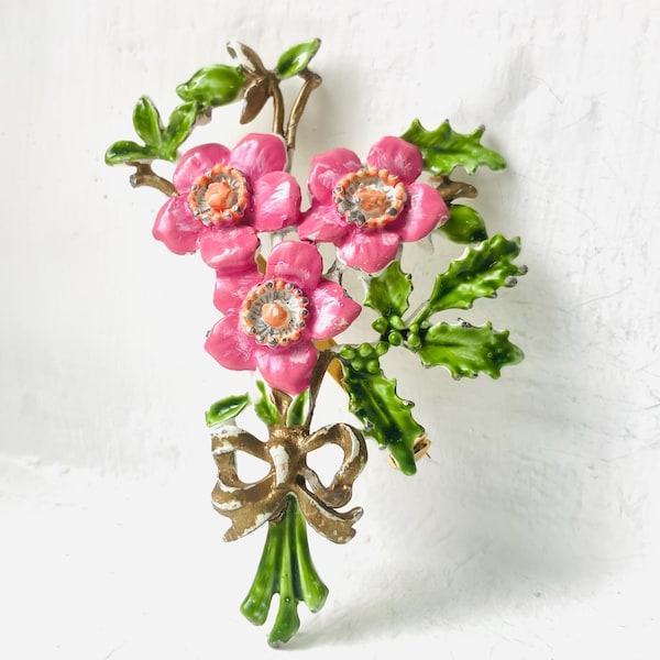 1950s 50s Pink Flower Bouquet Brooch, Hand Painted Floral Bunch Of Flowers: Gift For Mom