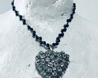 Vintage Rhinestone Crystal Heart Shape Pendant Hematite Beaded Necklace, Gift For Her, Jewellery, Pendant Necklace, Gift For Her