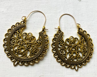 Bohemian Brass Gold Plated Ethnic Hoop Earrings, Boho Hoop Earrings, Gift For Her, Jewelry, Jewellery Uk