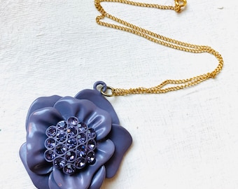 Vintage Necklace, Violet Enamel Floral Flower Pendant Necklace, Gift For Her, Vintage Jewellery, Sparkle Rhinestone Necklace