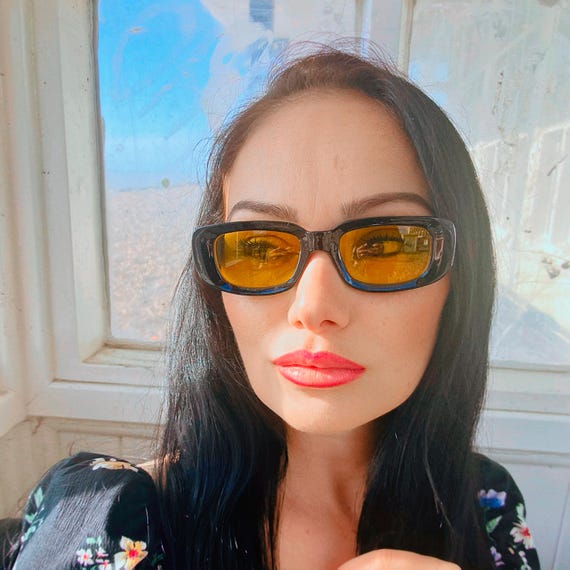 Sleek Rectangular Black Sunglasses Yellow Lenses:… - image 4