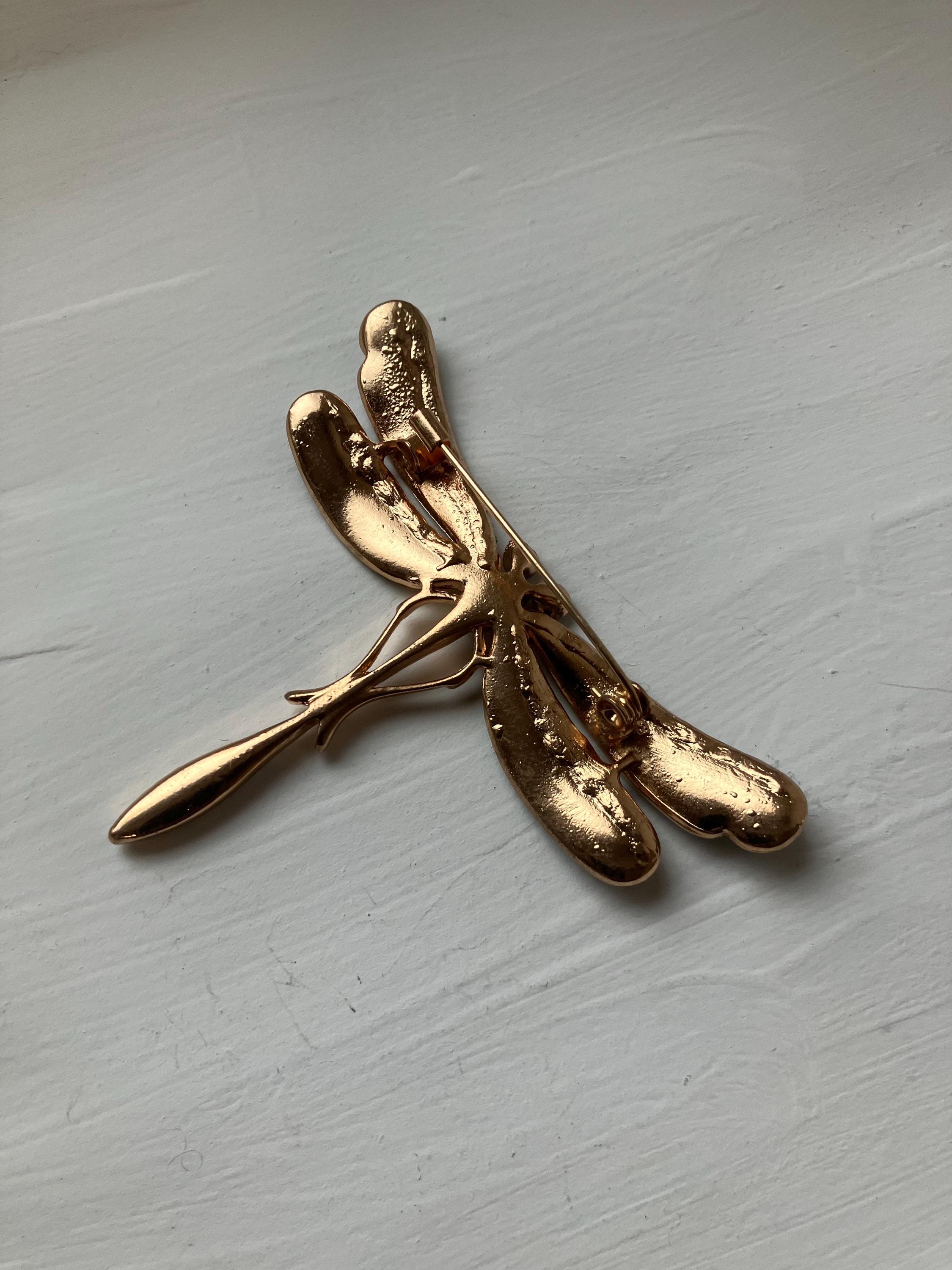 Spilla Ciondolo Vintage A Libellula Con Strass E Cristalli Verdi – Tono Oro