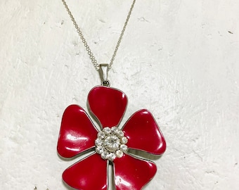 Vintage Necklace, 1990s Flower Pendant Necklace, Vintage Necklace,  Red Pendant Flower