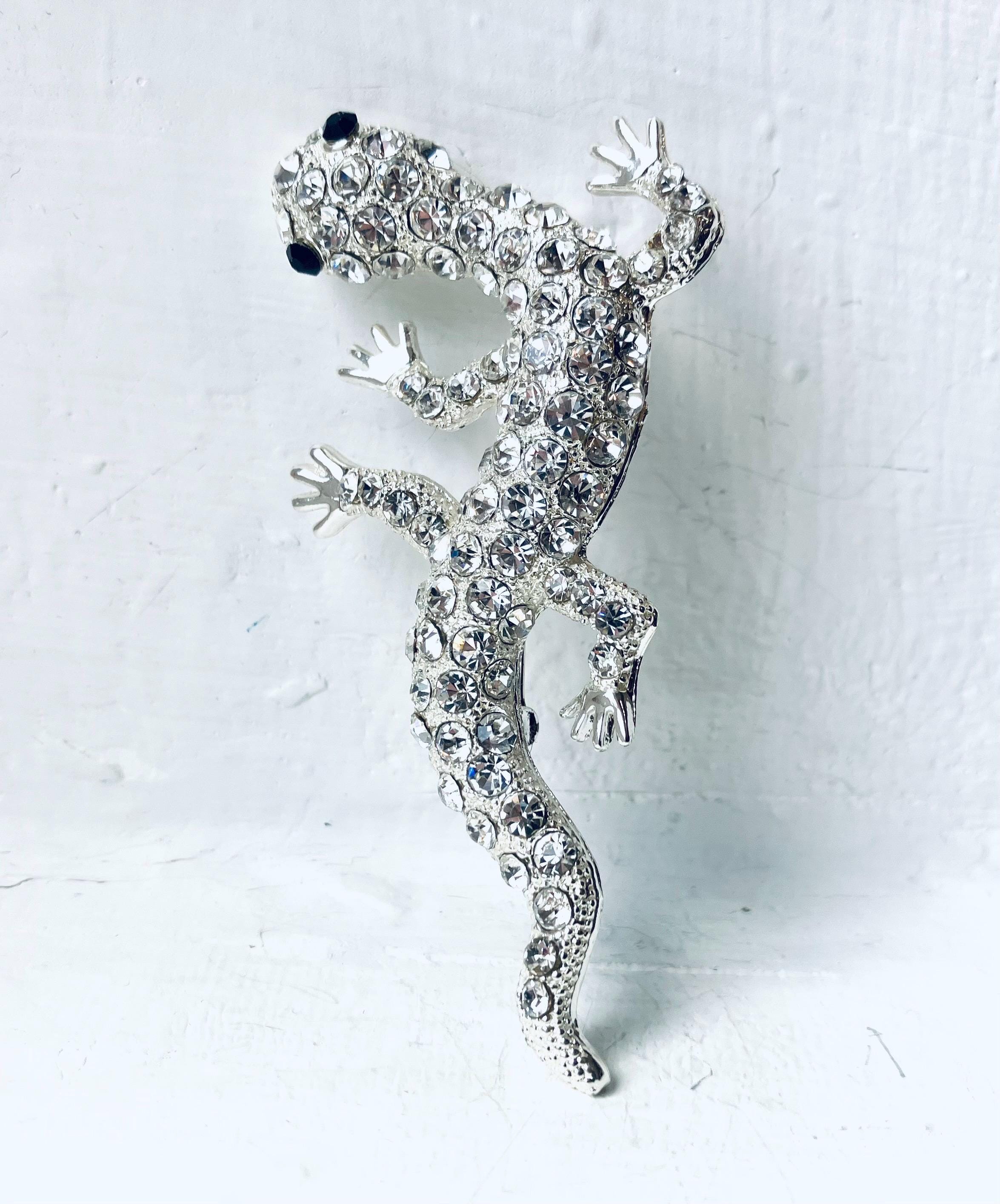 Gecko Brooch, Vintage Brooch, Silver Swarovski Lizard Brooch