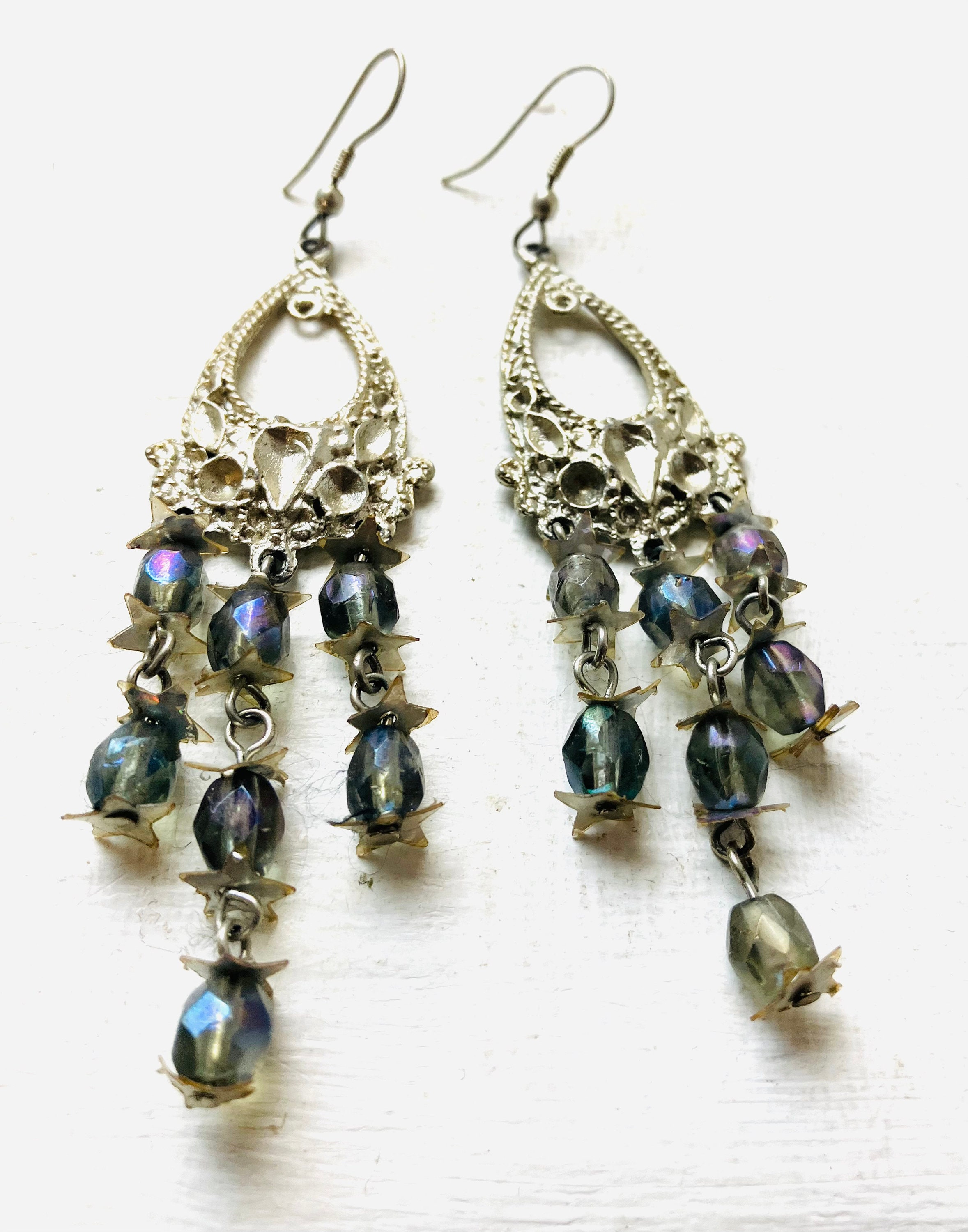 Vintage Crystal Sparkle Dangle Earrings Silver Star And Celestial 