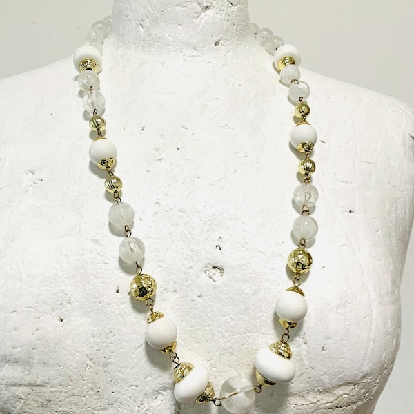 Vintage Beaded Necklace, White And Gold Beaded Necklace, Woman Necklace Uk, Jewelry