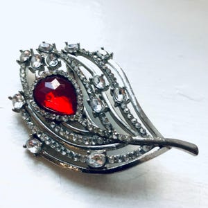 Vintage Brooch Red Ruby Crystal Gemstone Feather Brooch: 1980s Sparkling Pin