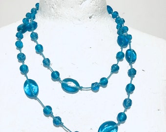Collier Vintage Années 1950 Perles De Verre Murano Double Rang - Bleu, Occasion Authentique