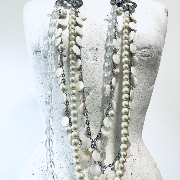 Vintage Beaded White And Silver Chain Necklace, Vintage Jewellery, Wedding Necklace, Bridal Necklace, Wedding Uk