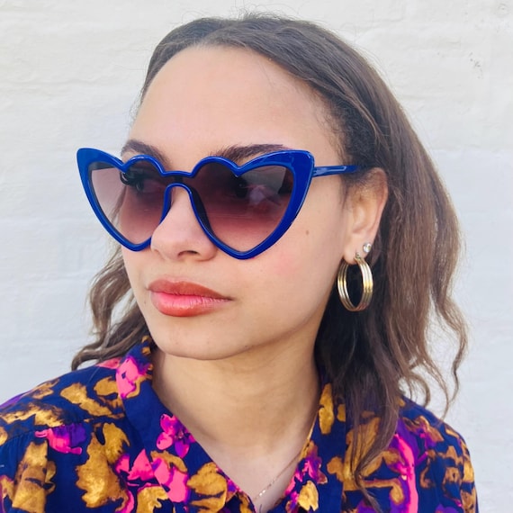 Vintage Blue Heart Sunglasses, 90s Retro Eyewear, UVA Protected