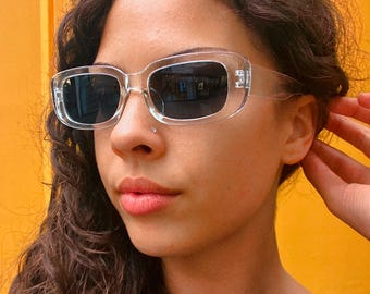 Y2K Clear Rectangle Sunglasses: Vintage Festival Sunnies - Etsy display picture 2