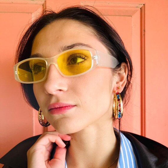 Vintage 2000s Frosted White Rectangle Sunglasses: Yellow 