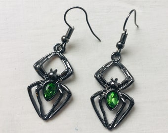 Spider Earrings, Green Peridot Style Gemstone Sparkle Spider Earrings, Gothic Earrings, Wicca, Pagan Jewelry, Insect Jewellery