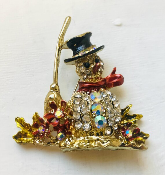 Jana Winkle Gold Crystal Christmas Brooch - Xmas Tree & Snowman Pin, Holiday Party Jewelry Gift - View #5