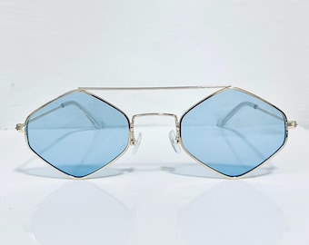 Vintage Blue Hexagonal Sunglasses: 90s Retro Festival Style