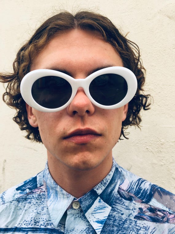 White Oval Kurt Cobain Sunglasses, Retro Y2K Mens Eyewear (15x5cm