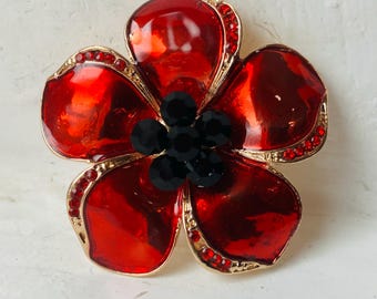 Broche Ancienne Autriche – Fleur En Cuivre Doré Et Noir Avec Cristal – Vintage, Pièce Unique Z150