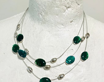 Vintage Silver Necklace with Green Glass Beads, Woman Necklace, Gift For Her, Vintage Jewellery, Green Beaded Necklace