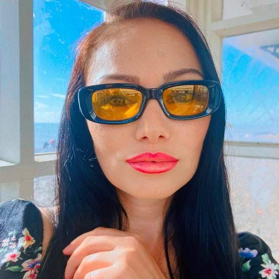 Sleek Rectangular Black Sunglasses Yellow Lenses:… - image 1