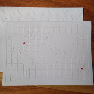 Long Distance, Missing you, Love across the miles, Friends, Valentines, BFF, Hand Made Embossed World Map Card.  Can be sent direct. SC01