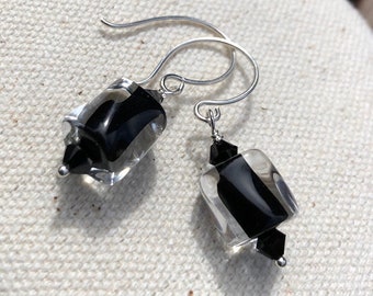 Sterling Silver Earrings David Christensen Art Glass Beads, Swarovski Crystals with bespoke Handmade Ear Wires a black core & rippled glass