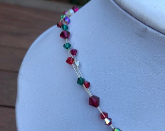 Swarovski Crystal Necklace, Christmas reds and greens, wedding, sparkly, rose gold bling, Festive, events, evening, proms, sterling silver