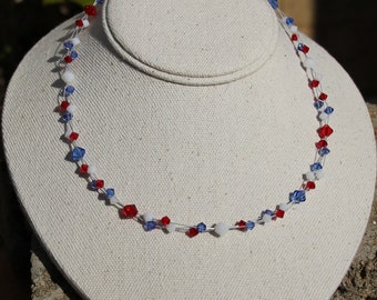 Swarovski Crystal beaded Necklace, Coronation, wedding, birthday, bling, Independence Day, events, proms, sterling silver, red white & blue