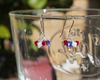 Sterling Silver Coronation earrings, Swarovski crystals, cluster, wire wrapped, drops, party, celebration, event, red white & blue handmade