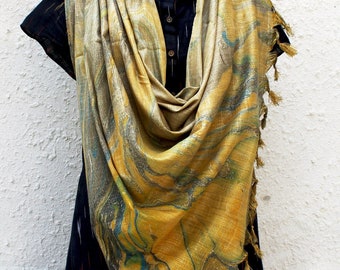 OOAK Marble print hand painted stole in cotton silk