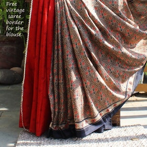 Red and gray silk blend saree in block print with red unstitched blouse