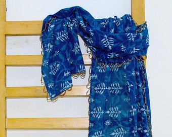 Unique Indigo handmade scarf Mudprint Stole Beaded block print cotton shawl
