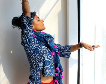 Breathable tank top cotton kurta indigo tunic in handmade block print fabric