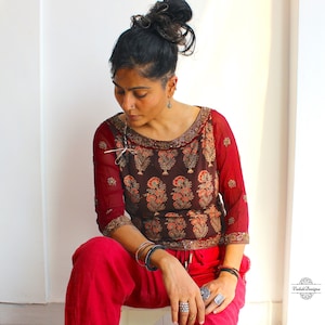 Choose fabric from the store custom-made block print top with hand-embroidered border