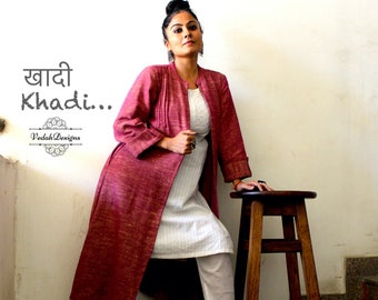 Long khadi coat in pink khadi fabric
