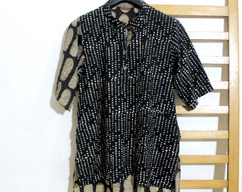 Natural fiber shirt in black block print kurta