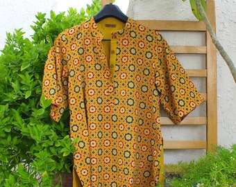 Choose fabric from the store yellow ajrak block print yoga top for men