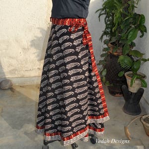 Block print long wrap around skirt with ties in cotton fabric image 1