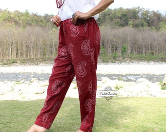 Maroon Hippie pants in block print vegetable dyed cotton fabric