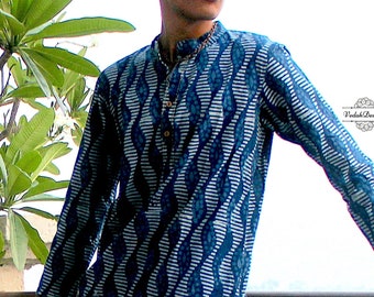 Natural fiber hand embroidered kurta in Indigo blue block print fabric