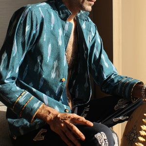 Choose fabric from the store custom made handmade ikat jacket in blue color