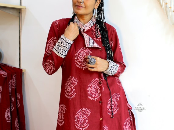 Designer jacket wedding wear buttoned shirt with gold zari hand work Block print wedding wear top